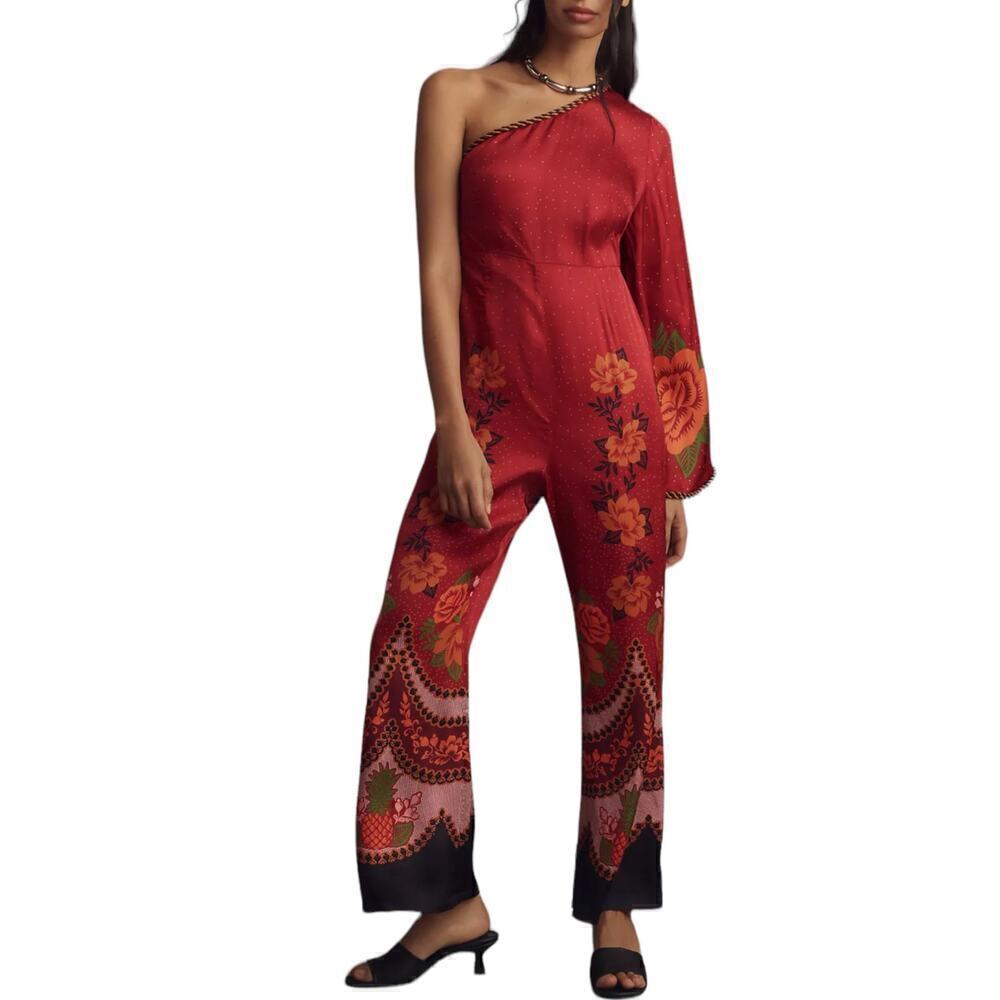 New Women’s Farm Rio x Anthropologie One Shoulder Satin Jumpsuit Size XL
